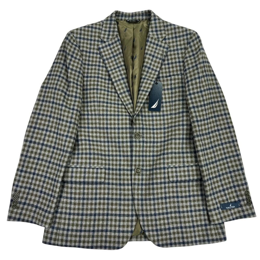 Nautica Mens Modern Fit Tweed Plaid Sport Coat Gray Blue 38R